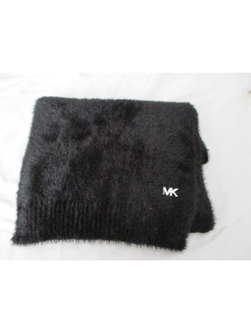 Michael Kors Black Fuzzy Scarf Knit Winter Soft Wrap Silver MK Logo 64x12